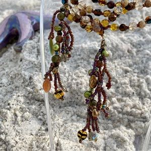 LARIAT Mixed Materials Semi Precious Stones Glass Arts Necklace 44" + 3" Drop